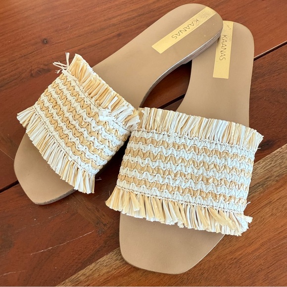 Kaanas Tan Fringe Slide Sandals - Picture 1 of 5